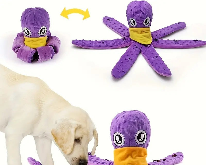 Purple octopus-shaped dog toy with a yellow mouth, shown in various stages of extension, with a dog interacting with it.