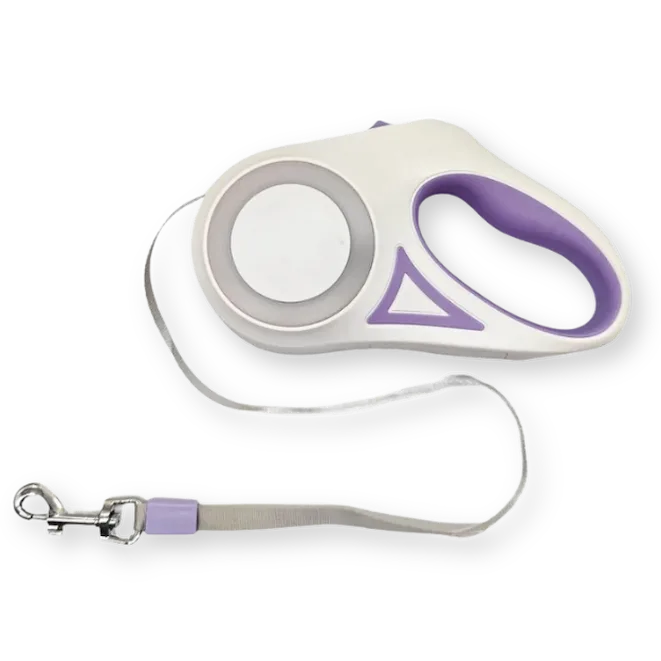 Retractable dog leash with purple and gray design on a white background
