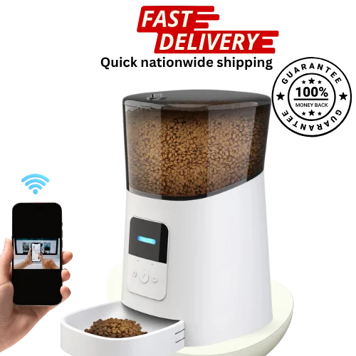Smart pet feeder with smartphone app control, fast delivery text, and guarantee badge on a white background