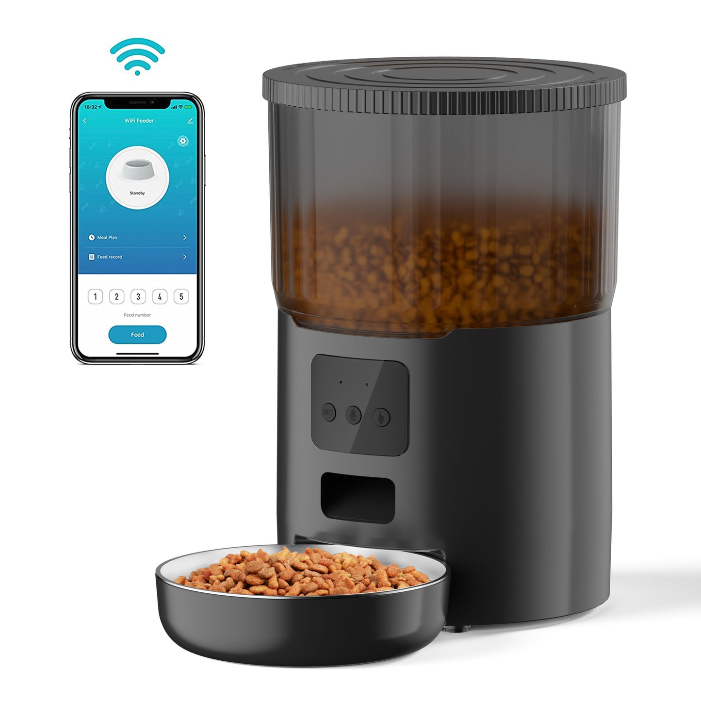 Smart pet feeder with a bowl of food and smartphone app interface on a white background