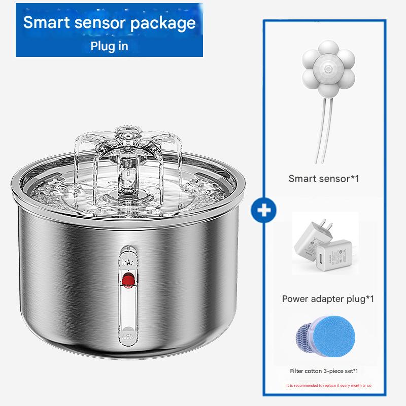 Stainless steel pet water fountain with smart sensor package components on a white background