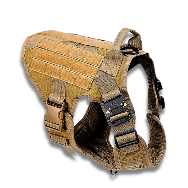 Tactical dog harness with multiple straps on a white background