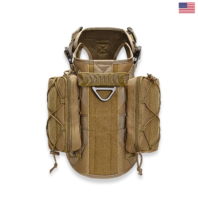 Tan tactical vest with multiple pockets and straps on a white background