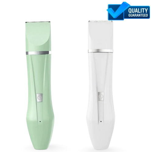 Two pet hair trimmer, one green and one white, on a white background with a 'Quality Guaranteed' label.