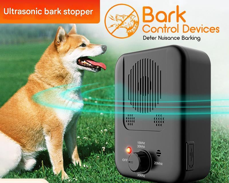 Ultrasonic bark stopper with a dog on grass, featuring Bark Control Devices branding.