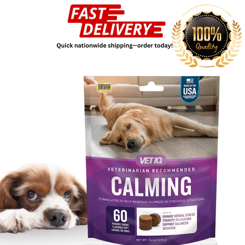Package of VetIQ calming chews for dogs with images of a dog and a puppy, and text about fast delivery and quality.