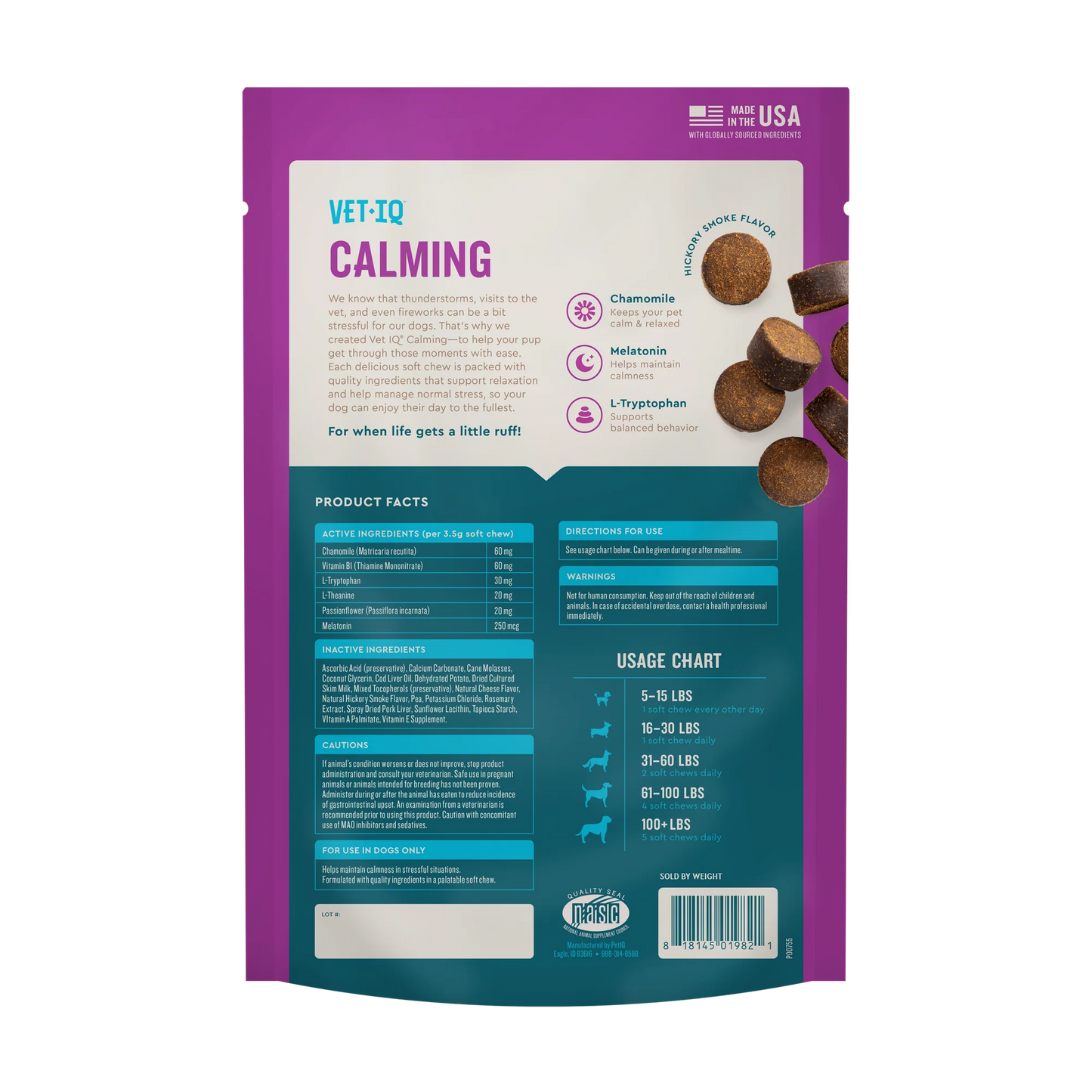 VetIQ Calming product packaging with text and images on a white background