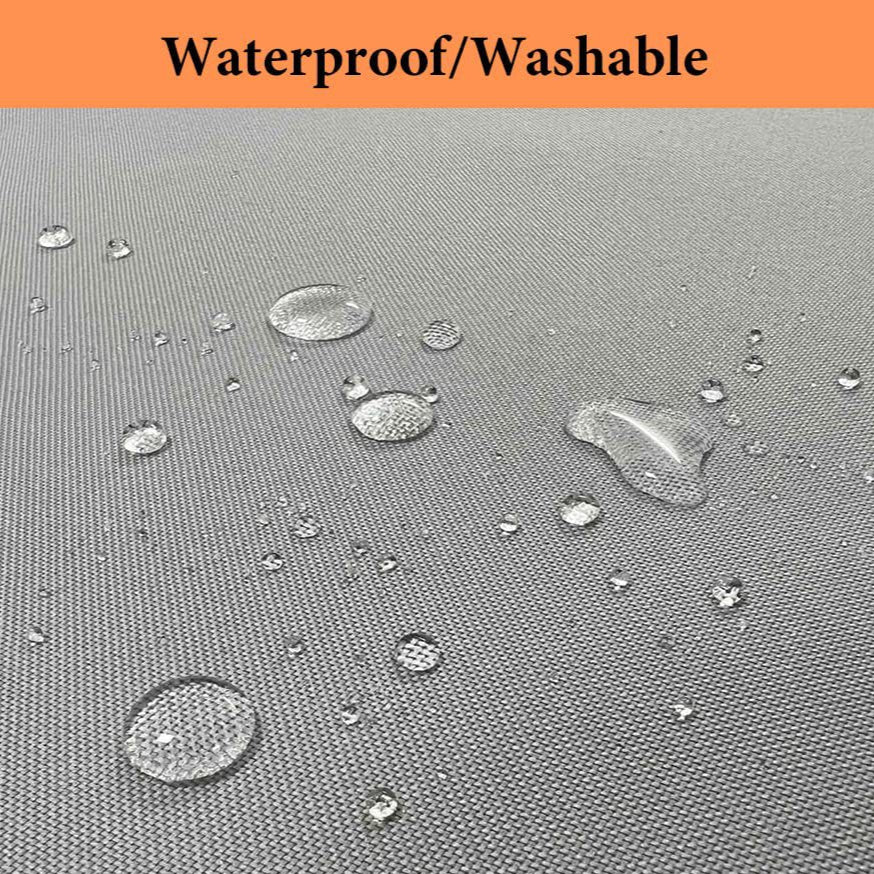Waterproof fabric with water droplets and text indicating properties.