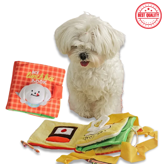 White dog with colorful soft book and toy on a white background, featuring a 'Best Quality' stamp.