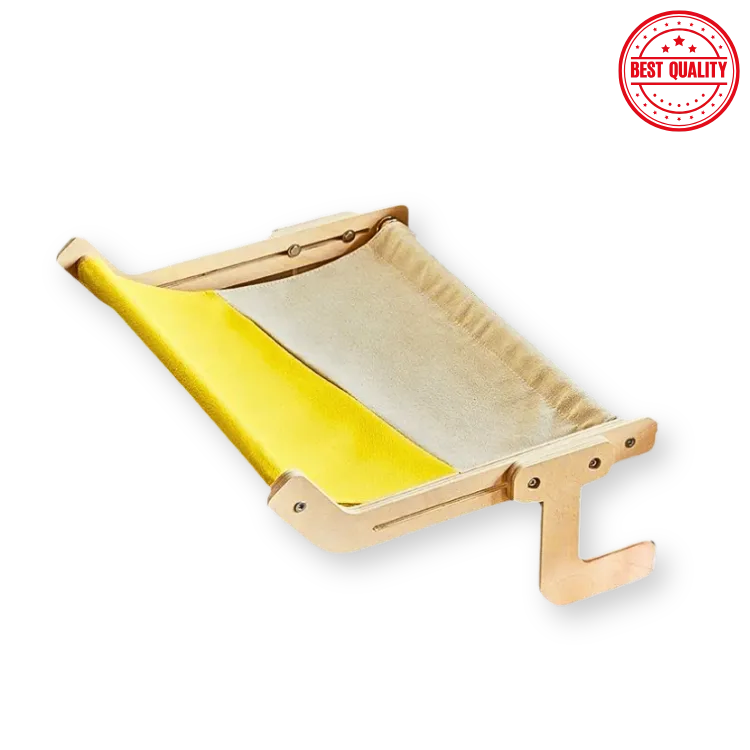 Wooden and yellow pet hammock with 'Best Quality' stamp on a white background