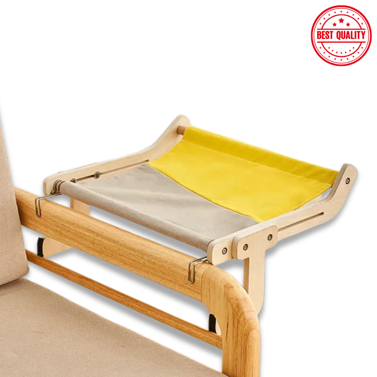 Wooden pet bed with yellow cushion on a white background, labeled 'Best Quality'.