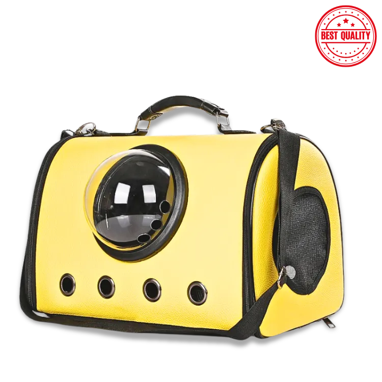 Yellow pet carrier with a clear front window on a white background