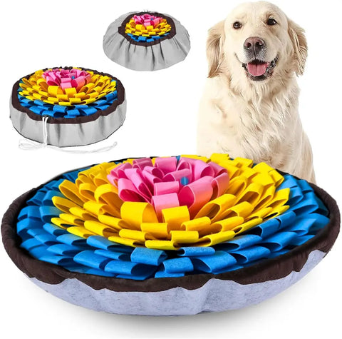 Vibrant yellow, pink, and blue layered circular snuffle mat with drawstring feature shown alongside a Golden Retriever.