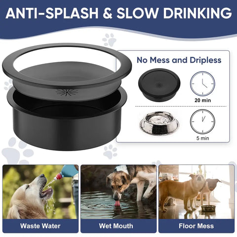 No-mess dripless dog water bowl with floating disk to prevent wet mouths and floor splashes