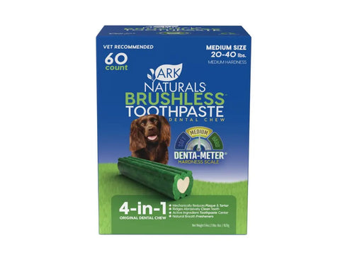 Ark Naturals Brushless Toothpaste 4-in-1 dental chews for medium dogs 20-40 lbs, 60 count box