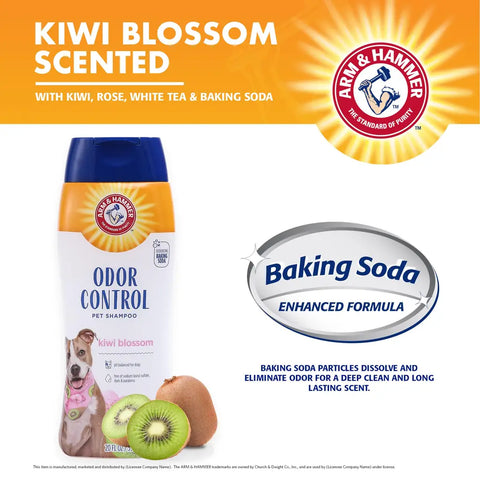 Infographic displaying Arm & Hammer Kiwi Blossom scented pet shampoo alongside sliced kiwi fruit and baking soda formula highlight.