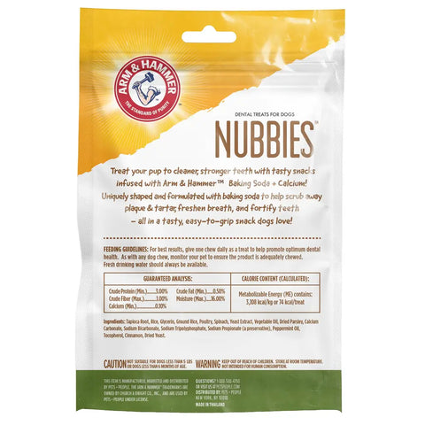 Back of packaging for Arm and Hammer Nubbies dog dental treats showing feeding guidelines and ingredients