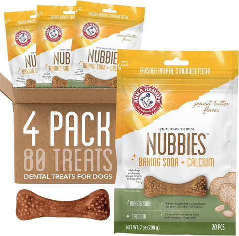 Arm and Hammer Nubbies dog dental treats peanut butter flavor 4 pack box with 80 total treats