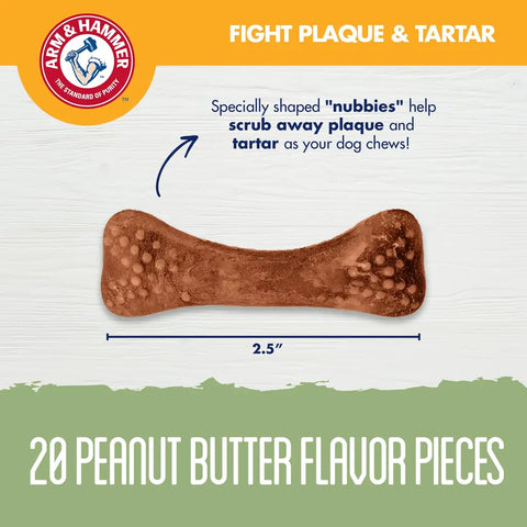 Close up of a two and a half inch peanut butter flavor Arm and Hammer Nubbies dog dental chew bone
