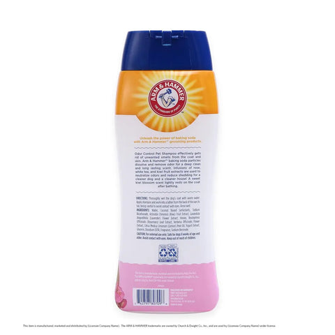 Back label of Arm & Hammer Odor Control Pet Shampoo showing directions for use and ingredients list.