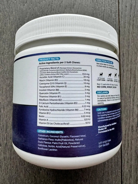 Back label of Artullano 20-in-1 dog multivitamin showing product facts, active ingredients per soft chew, and directions for use.