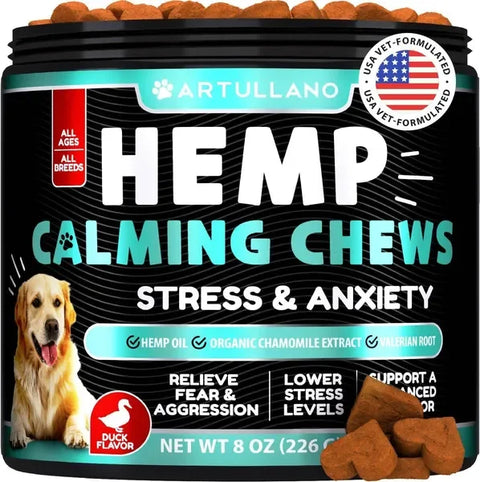 Artullano Hemp Calming Chews for dog stress and anxiety relief container with heart-shaped duck flavor treats.