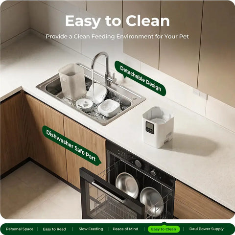 Kitchen setting with a pet feeding station, dishwasher, and text highlighting features.