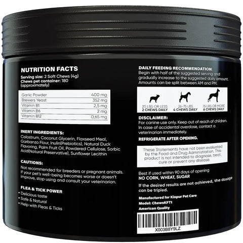 Back label of a black container with nutritional information and feeding recommendations.