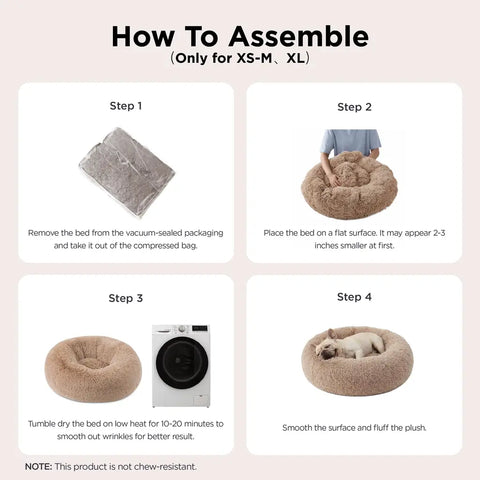 Step-by-step guide explaining how to unbox, fluff, wash, and tumble dry the Bedsure plush donut pet bed.
