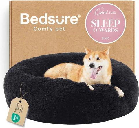 Bedsure black calming donut dog bed featuring a plush faux fur round design with a Shiba Inu dog resting inside.
