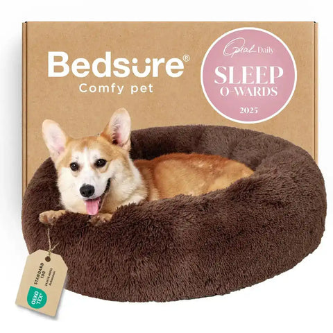 Bedsure coffee brown plush donut pet bed shown in front of product packaging with a happy Corgi inside.