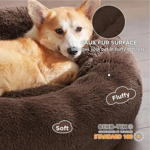 Close-up of coffee brown plush faux fur material highlighting the soft texture and OEKO-TEX certified quality on a round dog bed.
