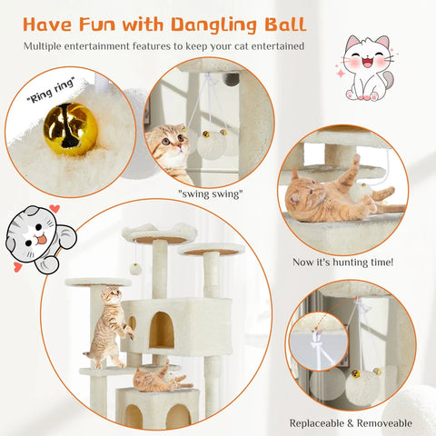 Infographic showcasing the replaceable and removable dangling jingle ball toy features on a Beige plush cat tree.