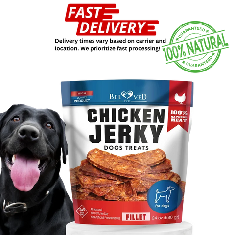 Bag of Beloved Chicken Jerky dog treats with a black dog.