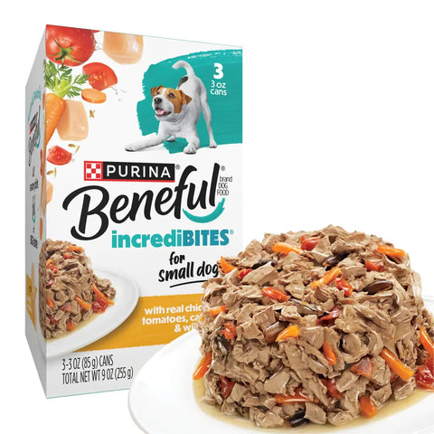 Purina Beneful IncrediBites Chicken, Tomatoes, Carrots & Wild Rice 3-pack for small dogs.