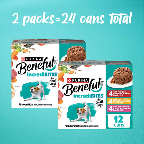 Two 12-count variety packs of Beneful IncrediBites totaling 24 cans of beef, chicken, and salmon flavors.