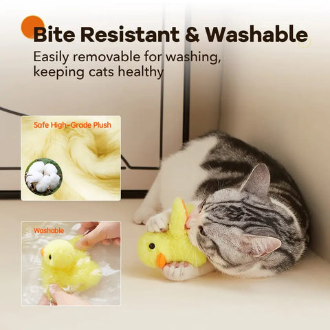 Bite-resistant plush yellow duck cat toy washable cover close-up