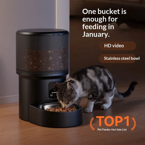 Tabby cat eating from a black automatic pet feeder featuring a large capacity food hopper, HD camera, and stainless steel bowl.
