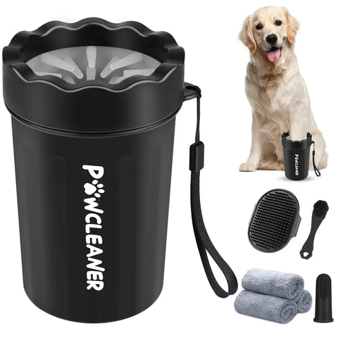 Black portable dog paw cleaner cup with matching grooming brush, towels, and toothbrush set.