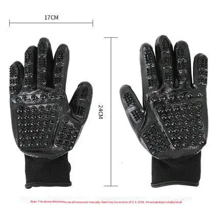 Black grooming gloves with size measurements on white background for deshedding and massage
