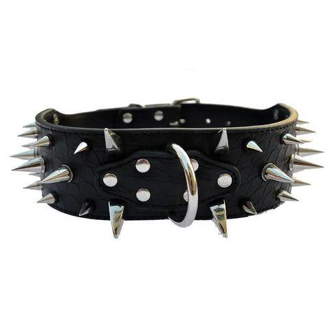 Black leather dog collar with metal spikes for stylish security with large breed dogs