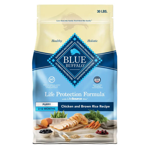 Front of Blue Buffalo Life Protection Formula Puppy Chicken and Brown Rice Recipe 30 lb bag