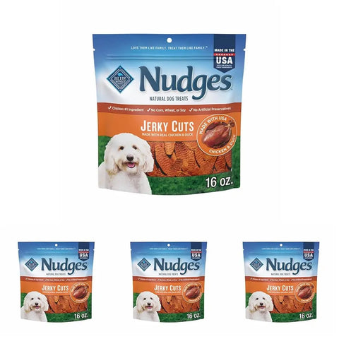 Display showing four 16 oz bags of Blue Buffalo Nudges Jerky Cuts chicken and duck dog treats.