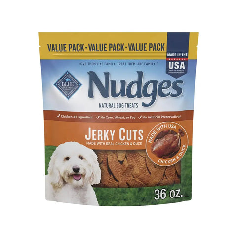 Large 36 oz value pack bag of Blue Buffalo Nudges Jerky Cuts natural dog treats.