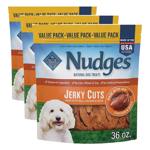 Three bags of Blue Buffalo Nudges Jerky Cuts 36 oz value packs made with real chicken and duck.