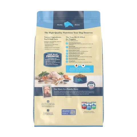 Back of Blue Buffalo puppy food bag showing natural ingredients and the True BLUE Promise