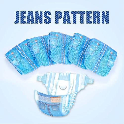 Blue denim-patterned dog diaper with realistic jeans design.