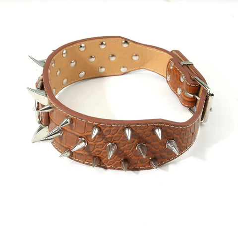 Brown leather dog collar with metal spikes for stylish security with large breed dogs