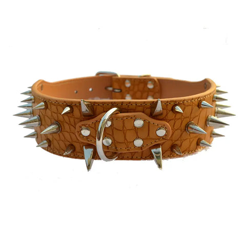 Brown leather dog collar with silver spikes on a white background