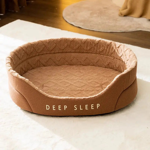 Brown pet bed featuring 'DEEP SLEEP' text for ultimate comfort and restful napping